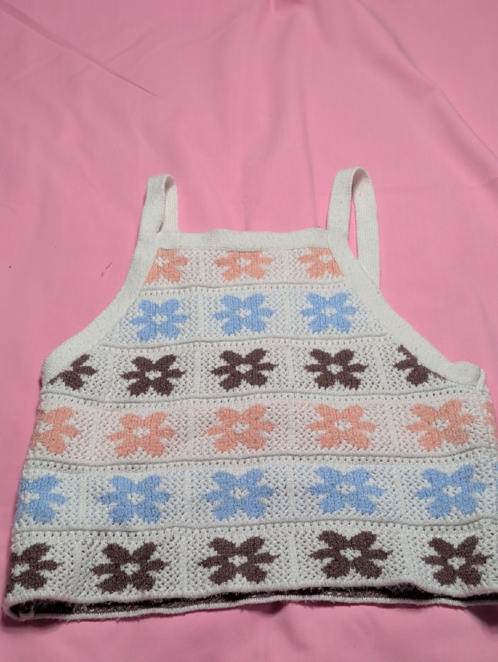 Hippie Rose Cream Crochet Floral‎ Crop Top with Blue, Peach & Brown Flowers